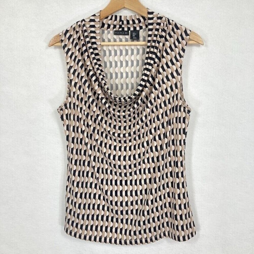 Tahari Geometric Print Black And Tan Sleeveless Pullover Draped Neckline Blouse